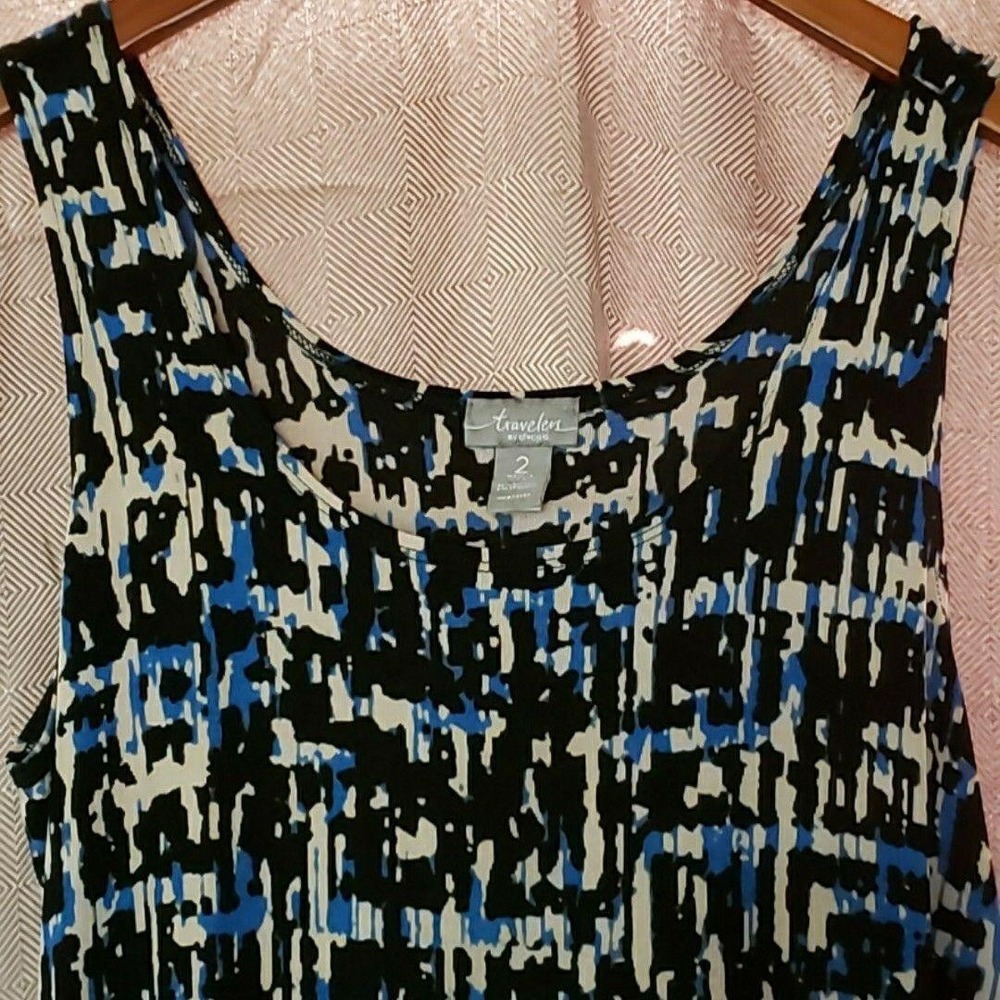 Chico's Tank Top Womens 2 Black Blue Scoop Neck Sleeveless Geometric Knit